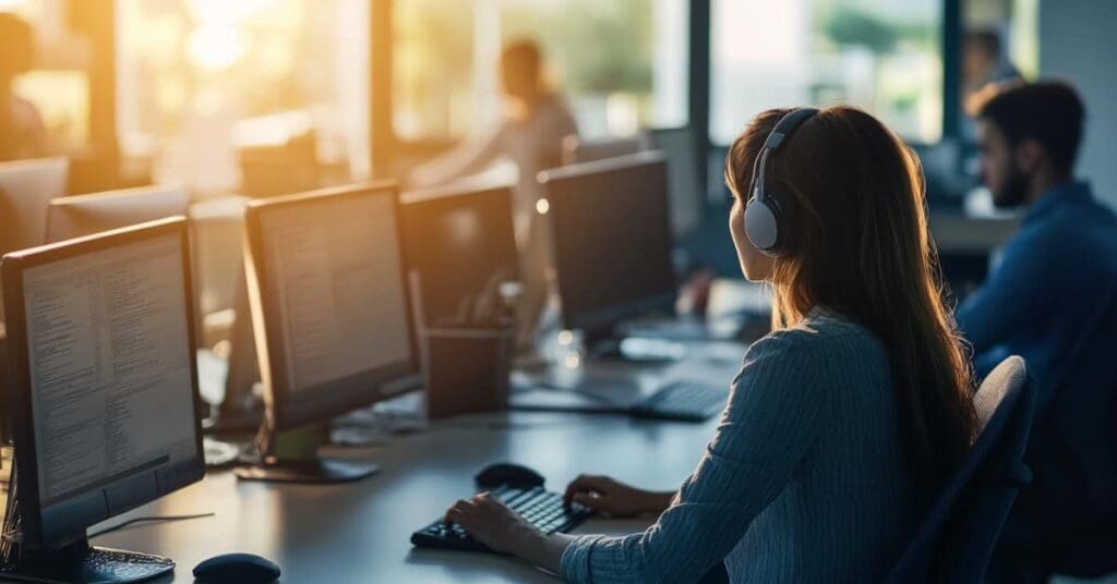 girl and man on computers, concept of operational efficiency