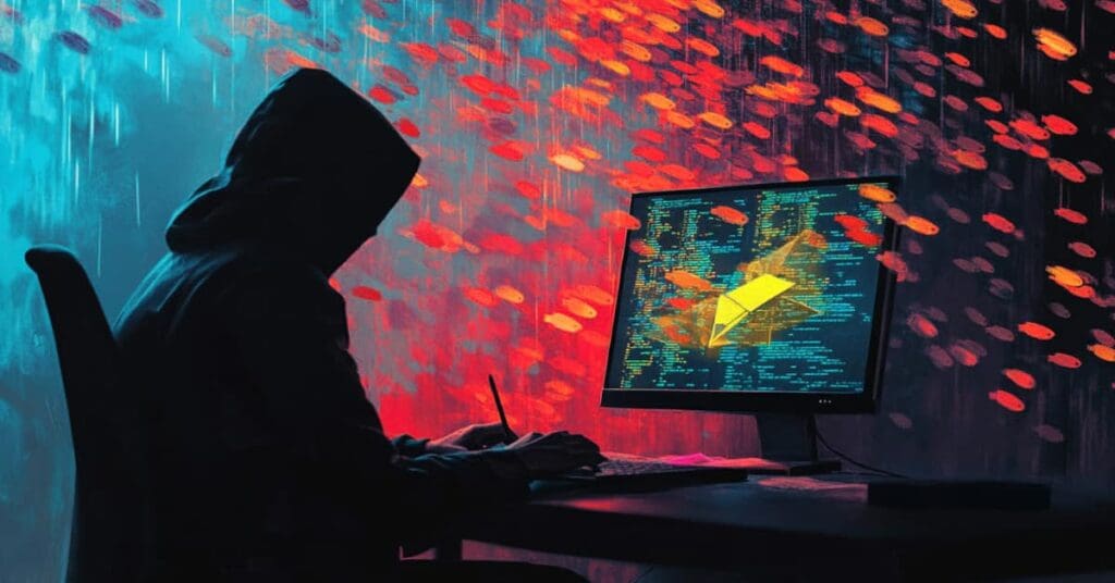 person with hood, on computer with fish in the background, concept of phishing and 2025 cyberattacks on the rise